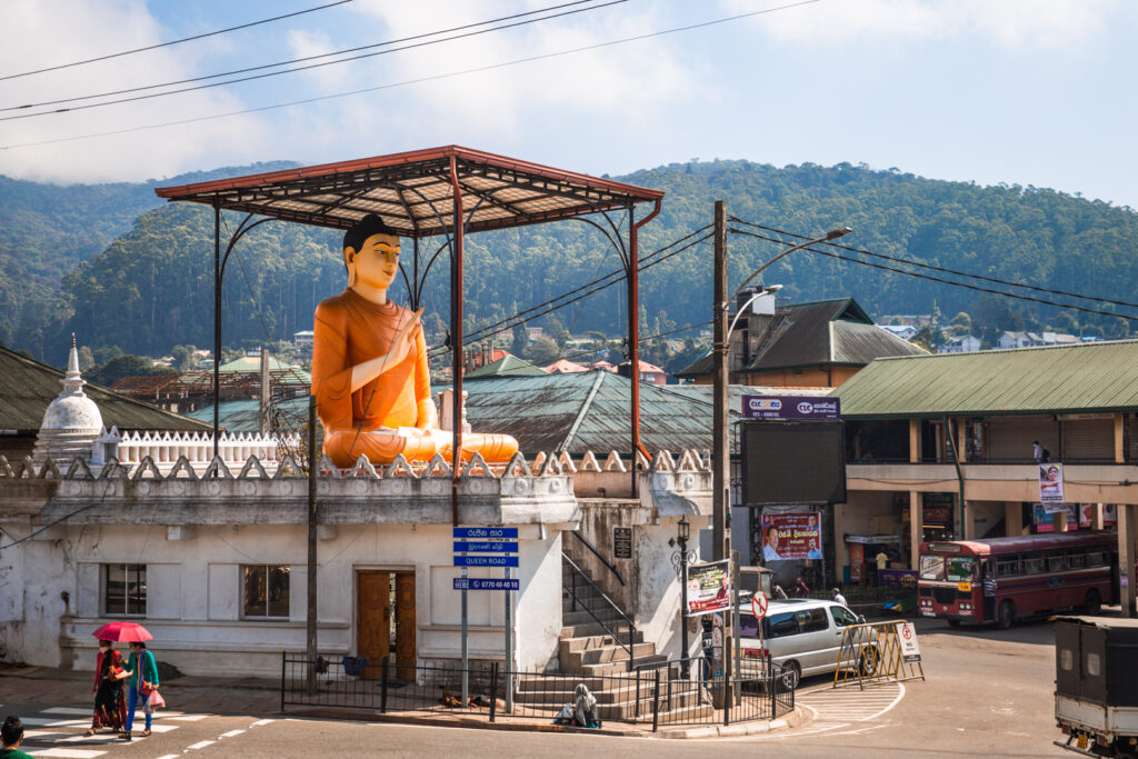 A big Buddha statue in the streets of Nuwara Eliya in Sri Lanka.
